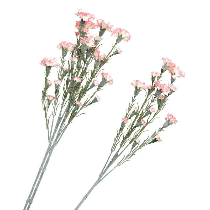 Artificial pink carnation bundle with three stems, small ruffled blossoms and green leaves