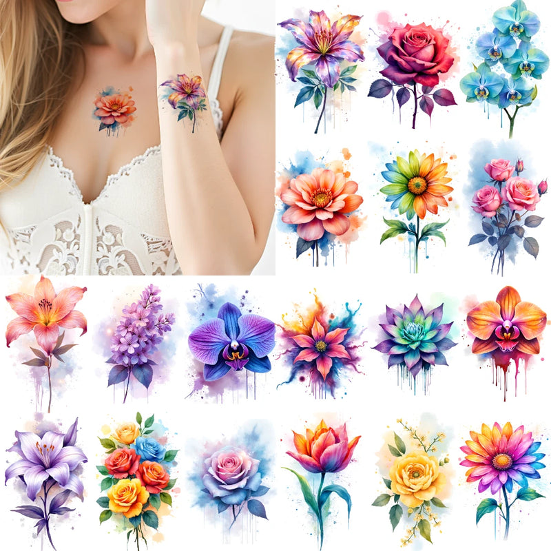 9pcs Temporary Tattoo Watercolor Sunflower Colorful Daisy Watercolor Flower Sunflower