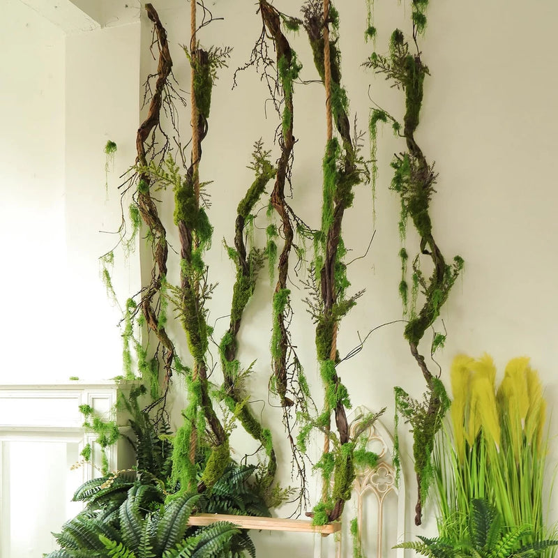 Artificial moss hanging tree branches with bendable green stems and hanging foliage
