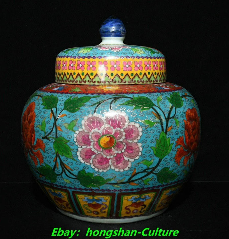 Enamel porcelain peony flower lid jar with turquoise green floral design