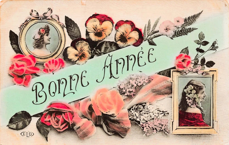 Happy New Year (Bonne AnnŽe) Pansies Roses Hydrangea Flower Cherry Blossom CP449 Hydrangea