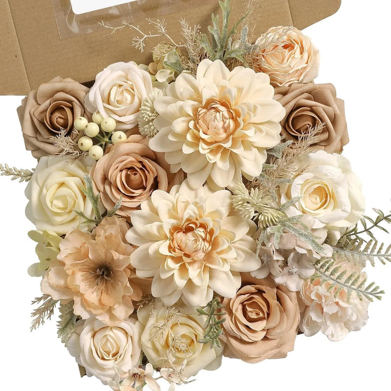 Cream and beige artificial silk flower bouquet with roses and greenery