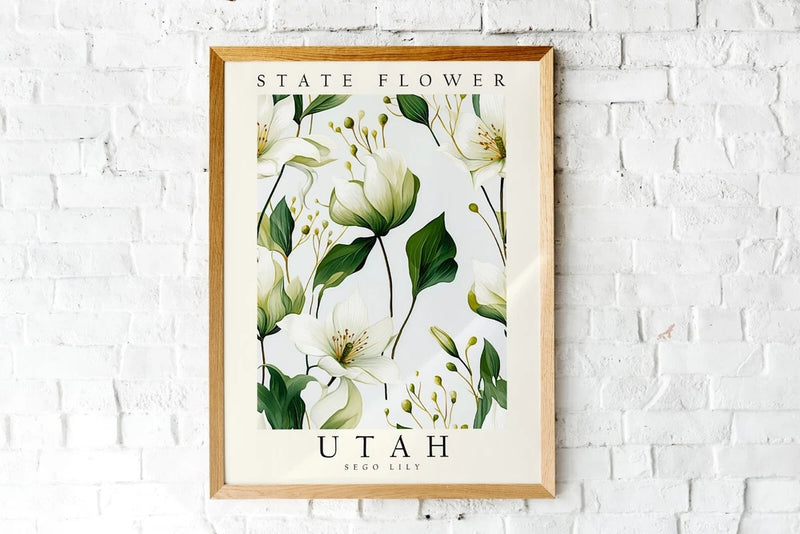 Utah state flower lily poster print with white lily blooms, green leaves, and “UTAH” text