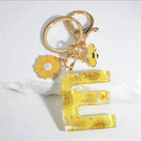 Honeybee Keychain Dry Flower Resin Sunflower Pendant Keyring INITIAL E Sunflower