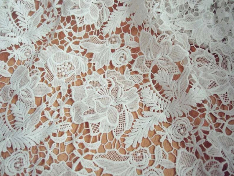 Off White Embroidery Guipure Lace Crocheted Leaf Floral Dress Fabric By The Yard Flowering Plants