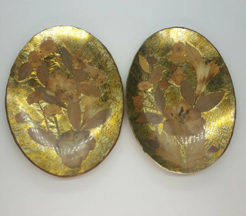 Gold foiled oval pressed dried flower art with layered leaves, set of 2