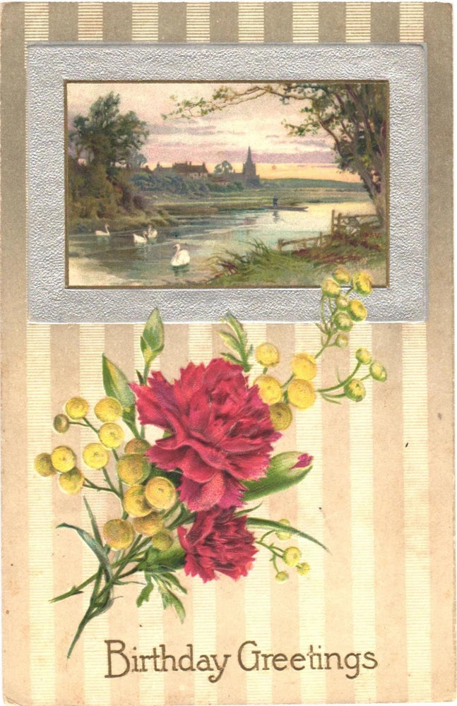 Birthday greeting postcard with red carnation bouquet and Birthday Greetings text