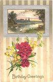 Birthday Greetings Red Carnations Flowers River Scene Birthday Vintage Postcard Carnation