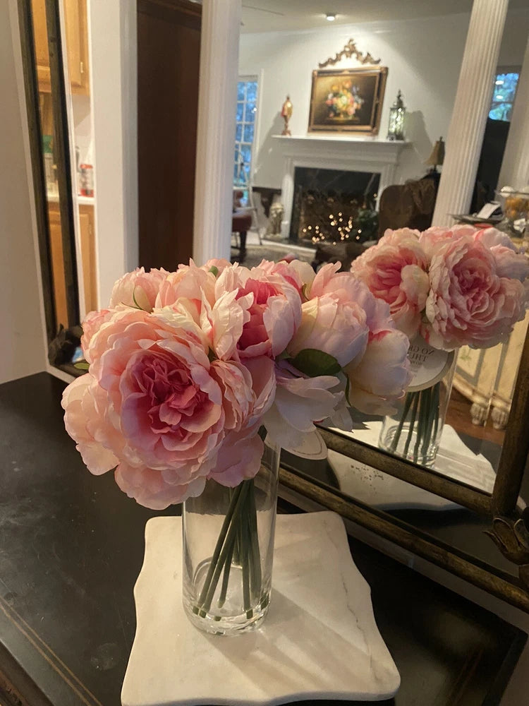 Pink peony full-bloom arrangement in clear glass vase centerpiece