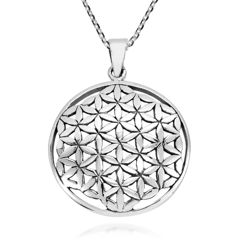 Flower of Life Interconnecting Lilies 26mm Sterling Silver Necklace Lily