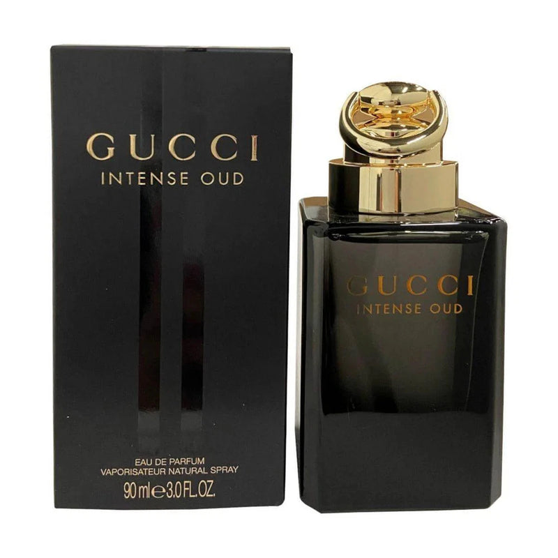 Gucci Intense Oud EDP bottle, black glass with gold cap, 90 ml