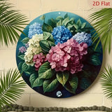 Retro Hydrangea Flower Round Metal Sign Turquoise Background Hydrangea