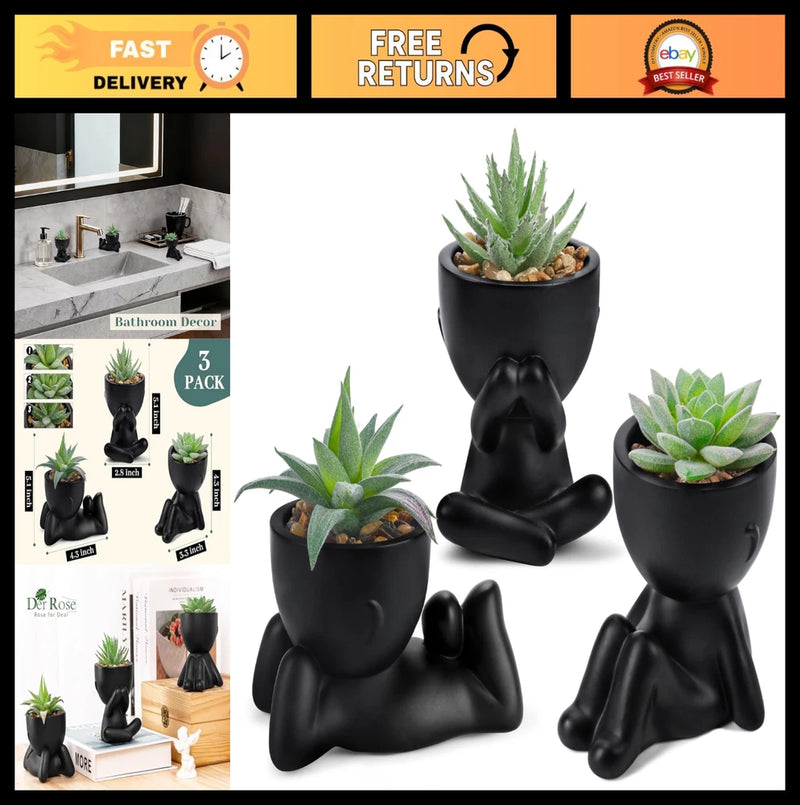 3pcs Artificial Succulent Plants for Home Decor - Black Bathroom, Bedroom, Livin Green Plant