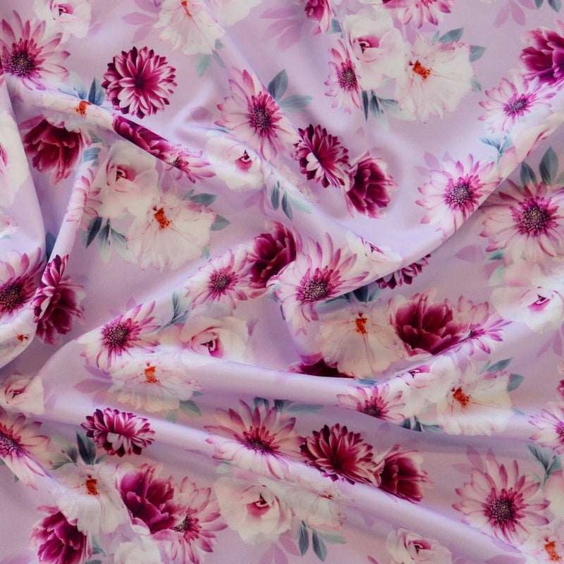 FS1182 Floral Garden Lilac Stretch Material Jersey Scuba Knit Dressmaking Fabric Flowering Plants