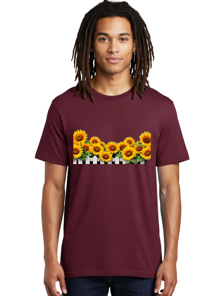 Sunflowers-Over-White-Fence Mens Graphic Tee, 100% Cotton, Casual Summer Wear Sunflower