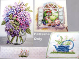 Hydrangea Bloom Watering Can Morning Window Tea Wildflower CROSS STITCH PATTERNS Hydrangea