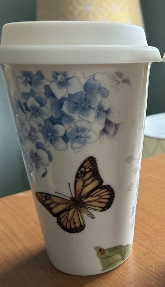 LENOX Butterfly Meadow Thermal Travel Porcelain Mug - Blue Hydrangea 12oz Hydrangea