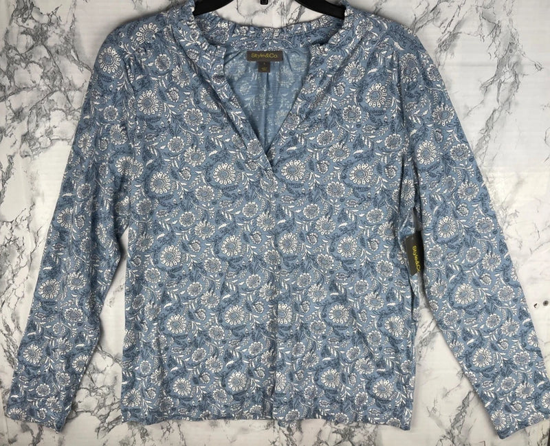 Style & Co. S Blue White Floral Print Long Sleeve Blouse Bloom Hydrangea Hydrangea