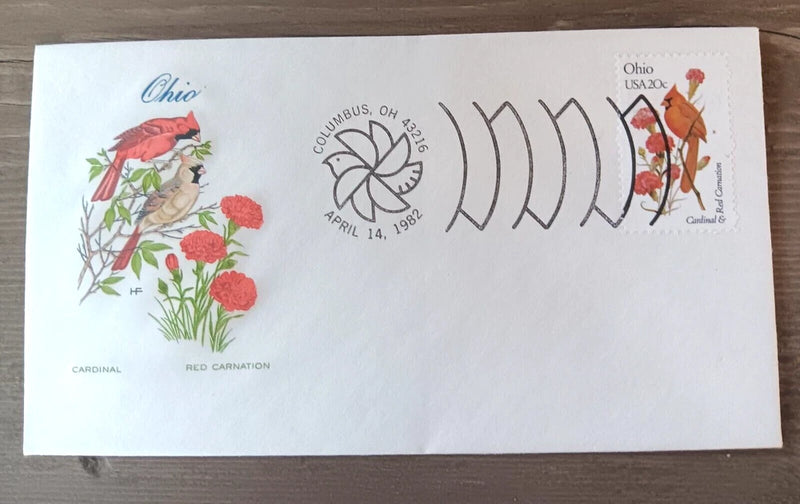 OHIO BIRD & FLOWER 1982 CARDINAL & CARNATION SCARCE FARNAM CACHET FDC STATE CAPI Carnation