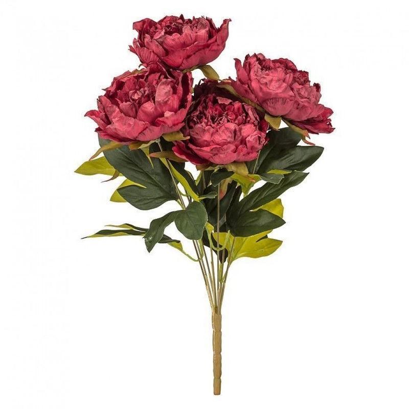 Artificial peony bouquet with burgundy open peony blooms and green leaves, 7 stems