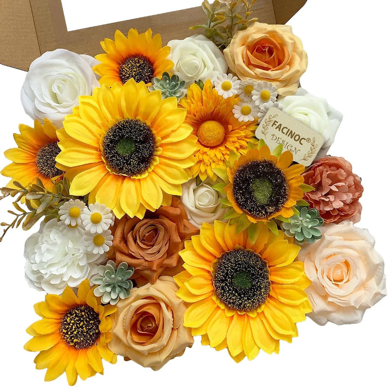 Artificial flower bouquet with yellow sunflowers, white roses, and orange-brown blooms