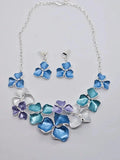 New Pearlescent Enamel Hydrangea Flower Petal Cluster Silver Tone Necklace Set Hydrangea