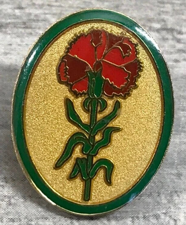 Carnation flower enamel lapel pin with red petals on gold circle and green border