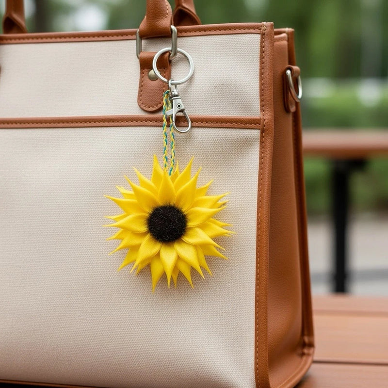Sunflower keychain bag charm with yellow felt flower and black center on metal ring