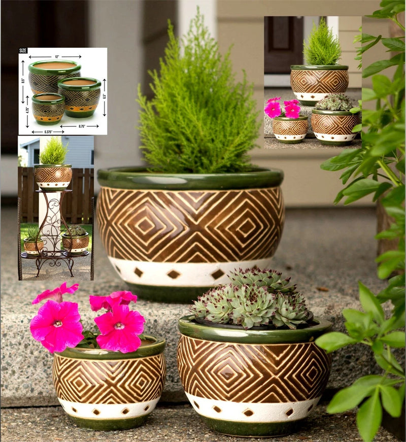 Set of three ceramic planters with jade-green interiors and brown geometric pattern