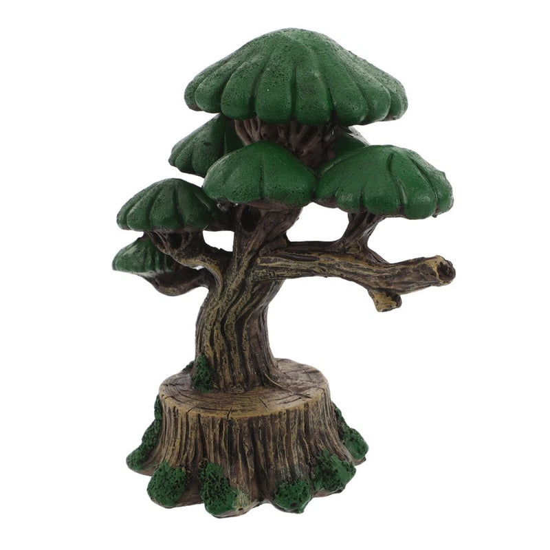 Small artificial bonsai tree ornament with green canopy and textured trunk, in round pot
