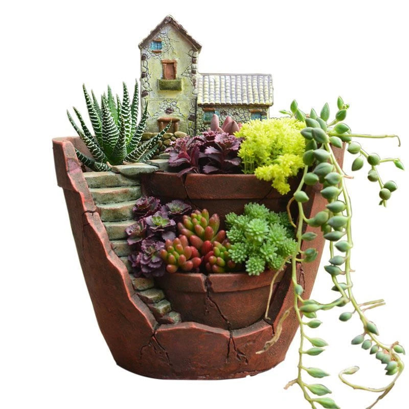 Resin succulent garden pot with stacked brown planter, faux plants, mini house
