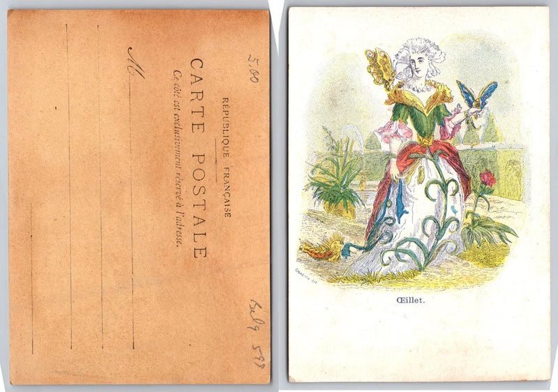 Antique French postcard with illustrated lady holding butterfly, surrounded by carnations