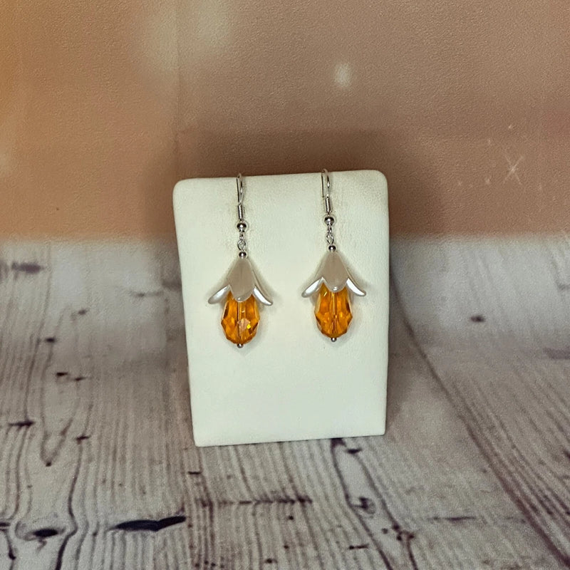 Orange Drop Crystal Lily Flower Dangle Drop Earrings Handmade UK Jewellery Lily