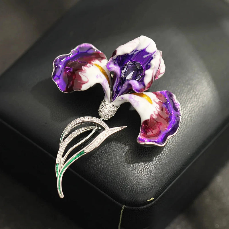 Iris flower brooch with purple gradient petals and crystal rhinestone center, silver pin