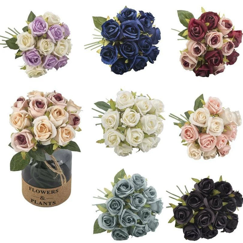 Artificial silk rose and peony bouquet set, mixed colors with green leaves and stems