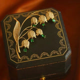 Vintage Lily of the Valley Brooch Gold Floral Green Crystal Art Pin Lily