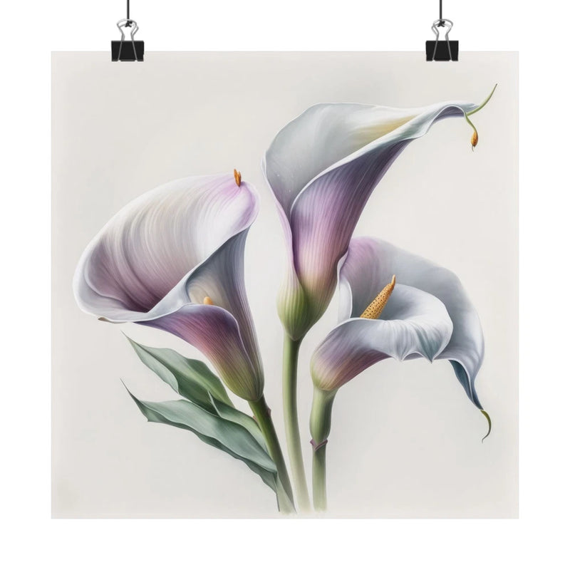 Lavender calla lily flower art print with pale purple blooms and green leaves