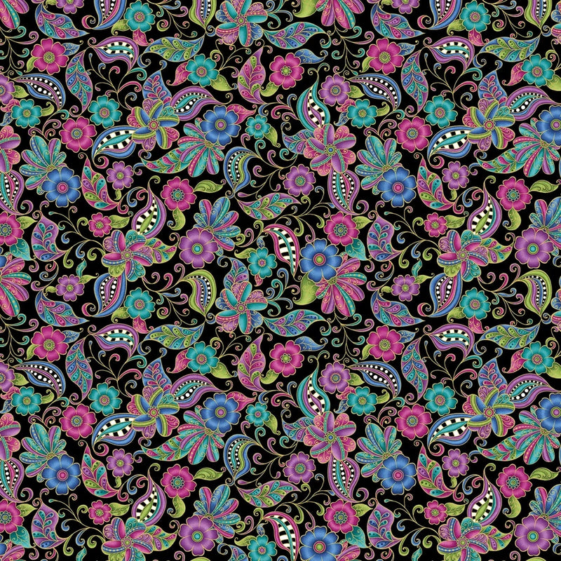 Black Floral Paisley from Alluring Butterfly, sold in 1/2 yard increments Flowering Plants