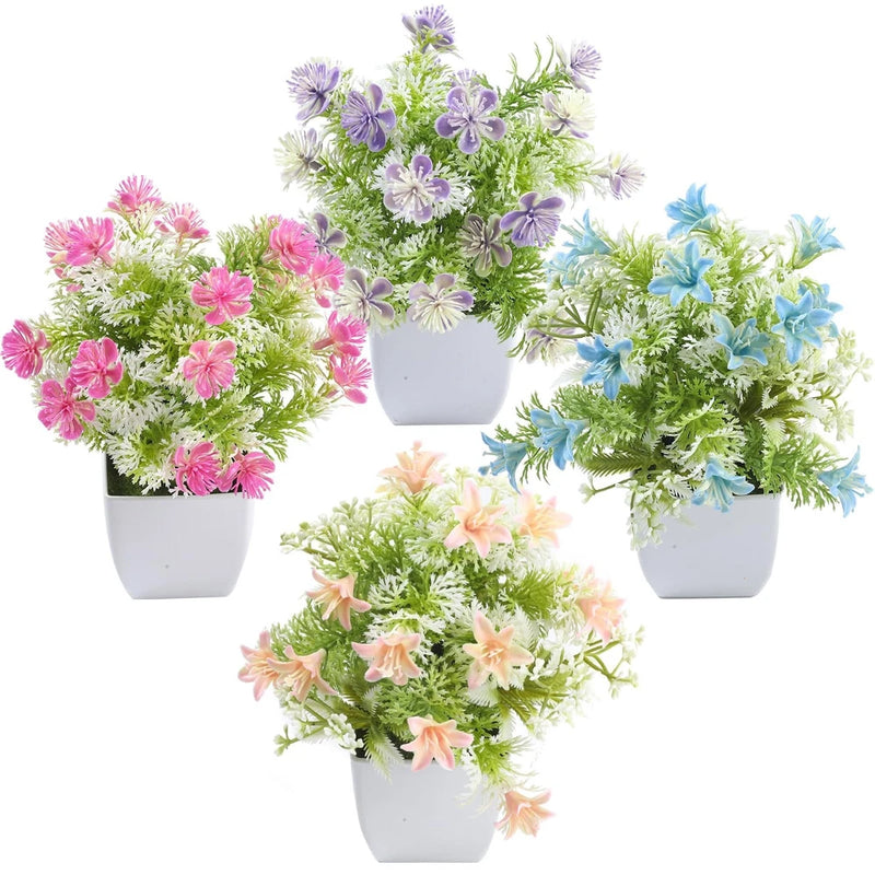 Mini Faux Plants 4-Pack, Small Fake Flowers in Black Pots for Home, Office & Tab Green Plant