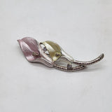 Pink and cream enamel flower rhinestone silvertone brooch with curved leaf design
