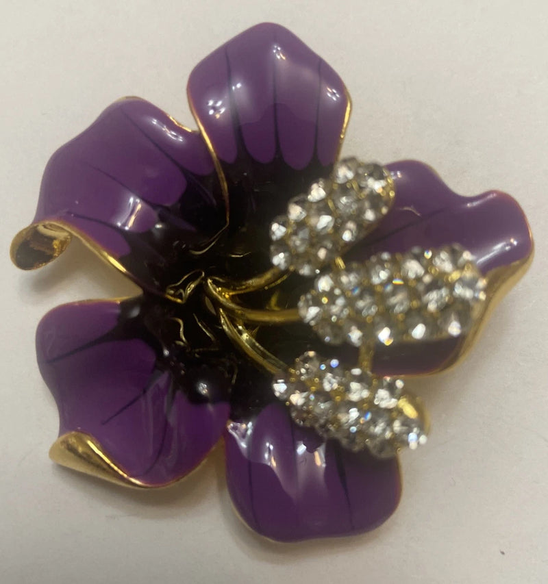 Lily Flower Brooch Enamel with Clear Rhinestones in Gold Tone Purple Color New Lily