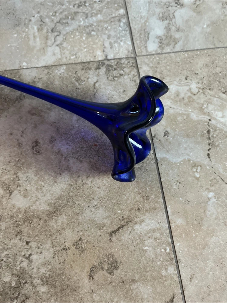 Blue art glass long-stem lily flower stem with swirl