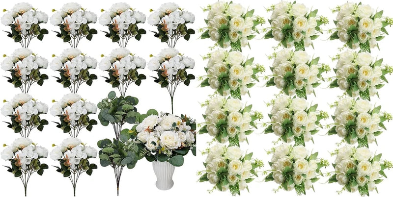 White artificial silk peony flower stems, assorted bouquets