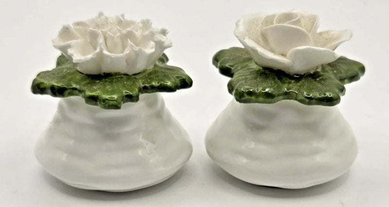 Vintage Aynsly Fine Bone China White Rose & Carnation Salt Pepper Set 1.5"H Carnation