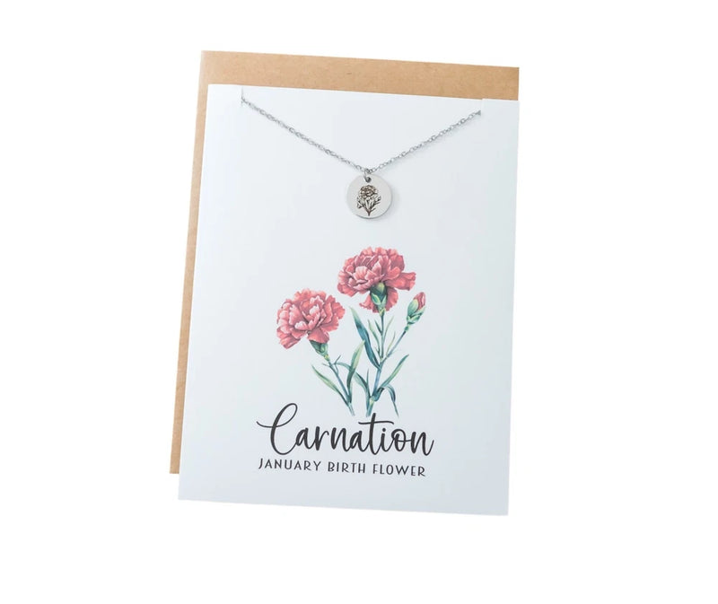 Carnation birth flower necklace greeting card with silver heart pendant and floral artwork