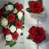 Red Ivory Rose Eucalyptus Faux Foam Bridal Wedding Bouquet Accessories Bouquet