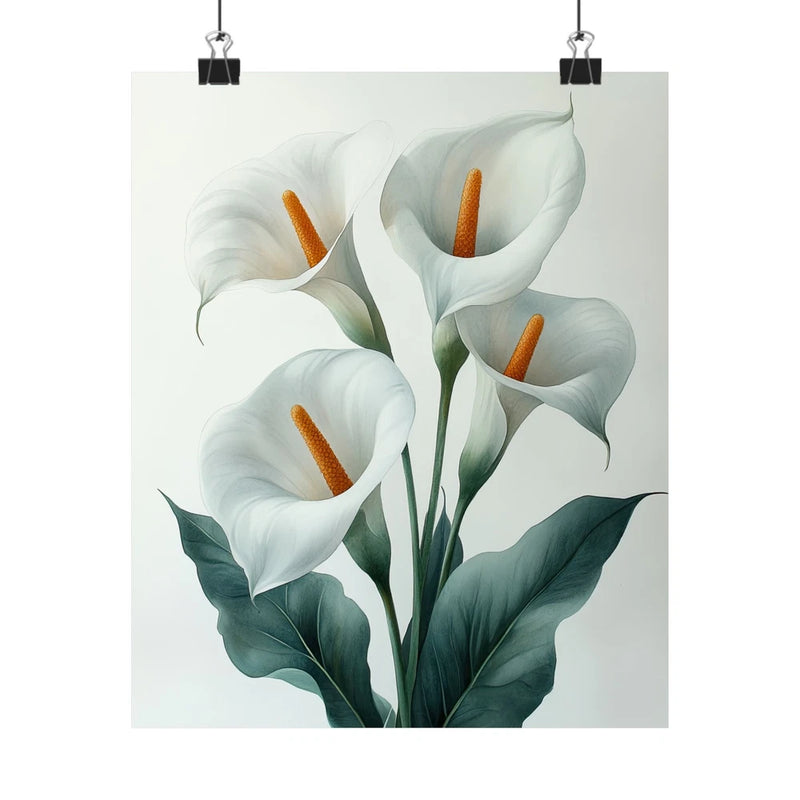 Calla lily flower art print poster with white blooms, orange tips, and green leaves
