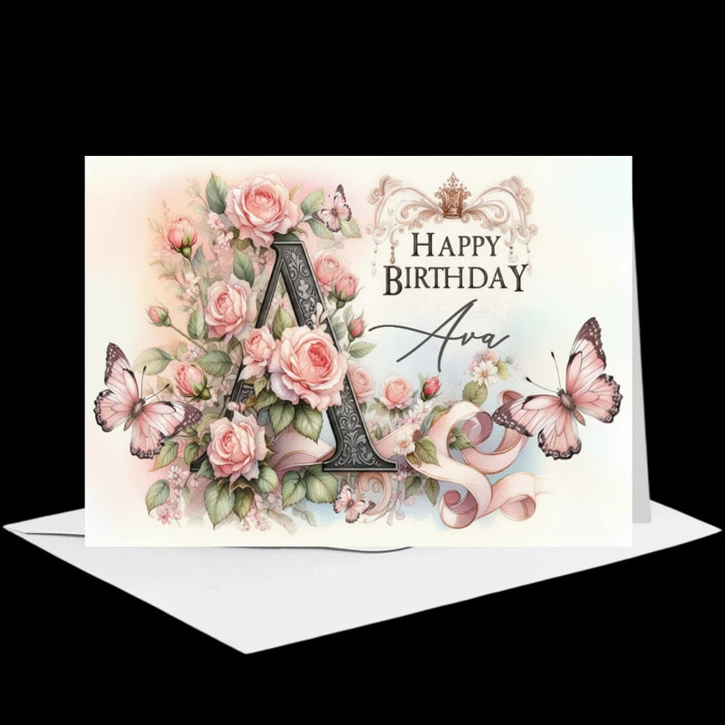 Peach-pink rose 3D birthday card with butterfly accents and name Ava