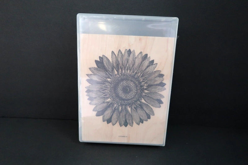 Stampin Up extra-large sunflower wood mounted stamp in clear sleeve, blue flower design
