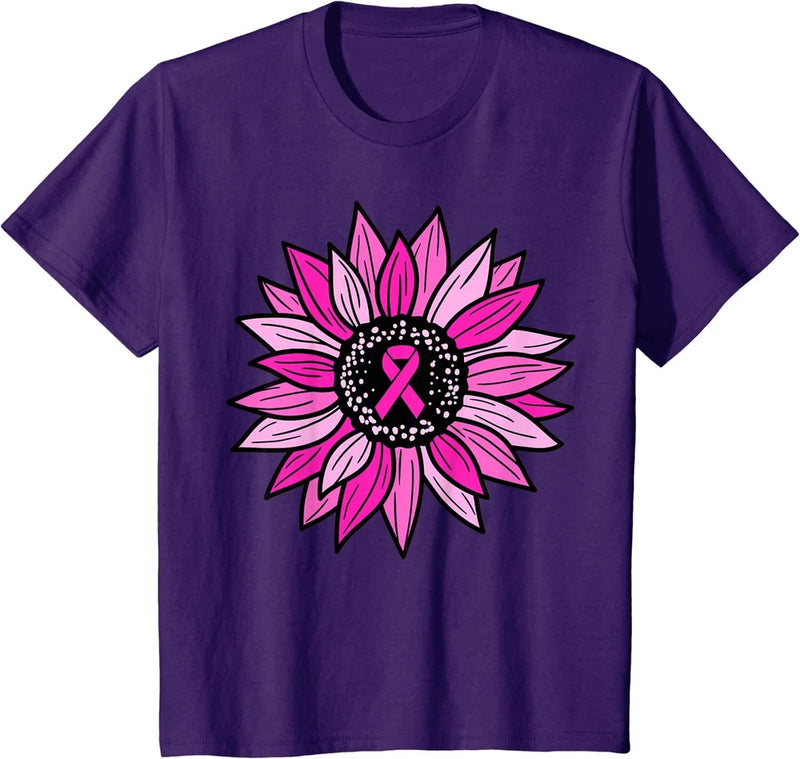 Youth purple T-shirt with pink sunflower and ribbon graphic